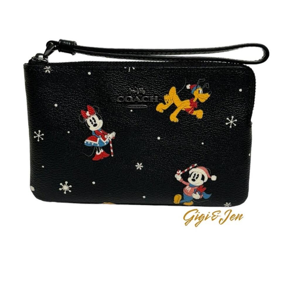 Disney X Coach Corner Zip Wristlet With Holiday Print New